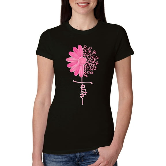 Wild Bobby, Faith Pink Ribbon Sunflower, Breast Cancer Awareness, Women Slim Fit Junior Tee, Black, Small