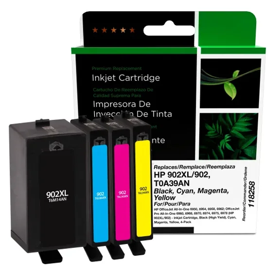 Remanufactured Clover Imaging Black High Yield, Cyan, Magenta, Yellow Ink Cartridges compatible with HP 902XL/902 (T0A39AN) 4-Pack