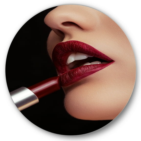 Designart 'Woman Applying Red Lipstick On Lips I' Modern Circle Metal Wall Art 36x36 - Disc of 36