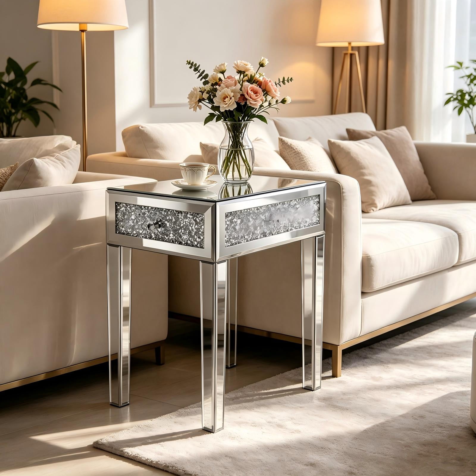 1-Drawer Bedside Table with Rhinestone Trim, Mirrored MDF Nightstand, Silver, 13.8 x 22 x 23.6 in