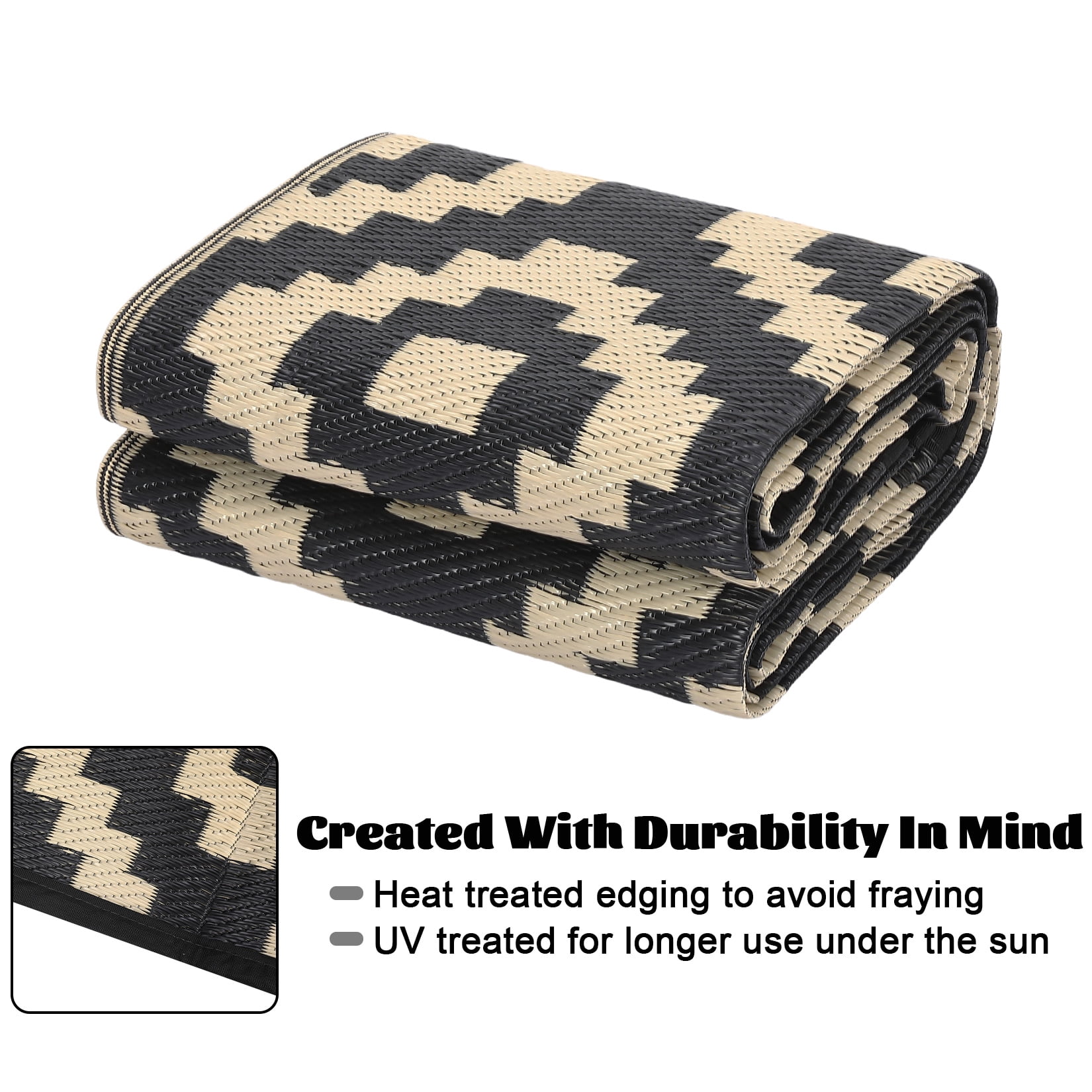 Twister.CK 8x10' Waterproof Outdoor Rug, Reversible Plastic Patio Rugs with Storage Bag, Portable Modern Indoor Outdoor Carpet for Camping, Balcony Deck Backyard, Black & Coffee