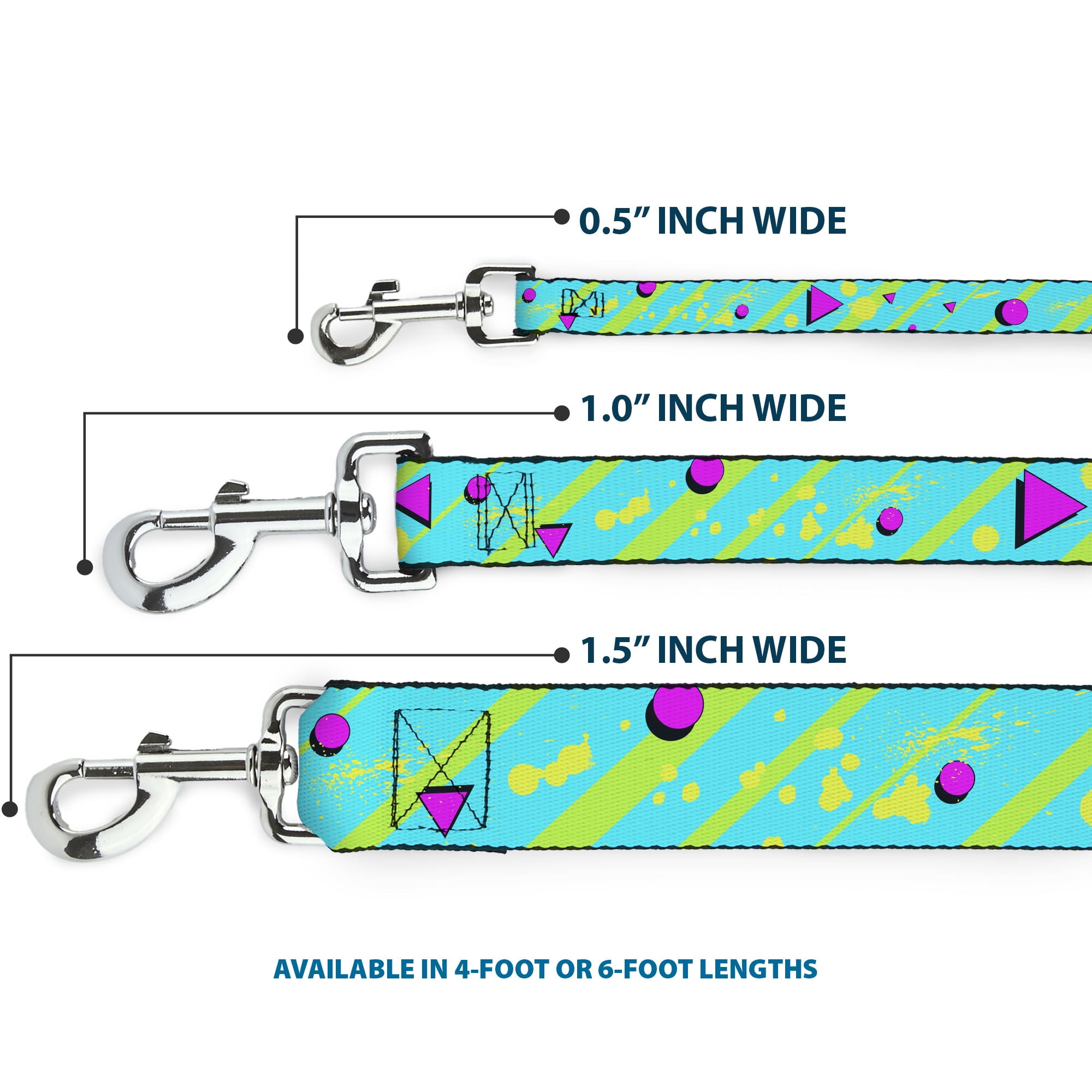 Buckle-Down Pet Leash, Dog Leash, Eighties Party Blue Yellow Pink, 6 Feet Long 1.0 Inch Wide