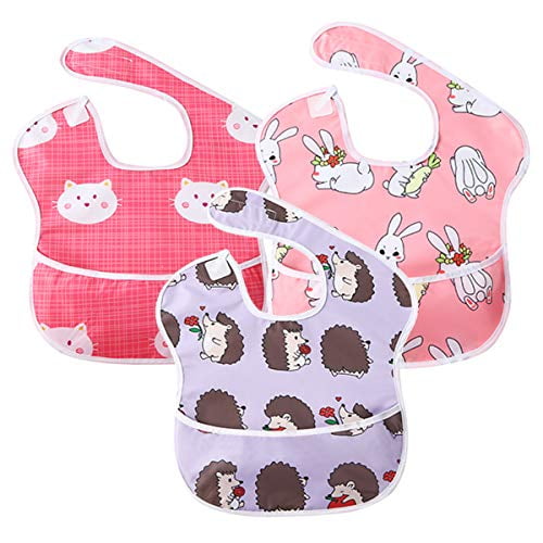 Baby Bib Feeding Bibs Waterproof Drool Bibs for Baby Boy Toddlers with Large Pocket,3 PCS (6-36 Months) pink-Rabbit & Cat, Purple-Hedgehog