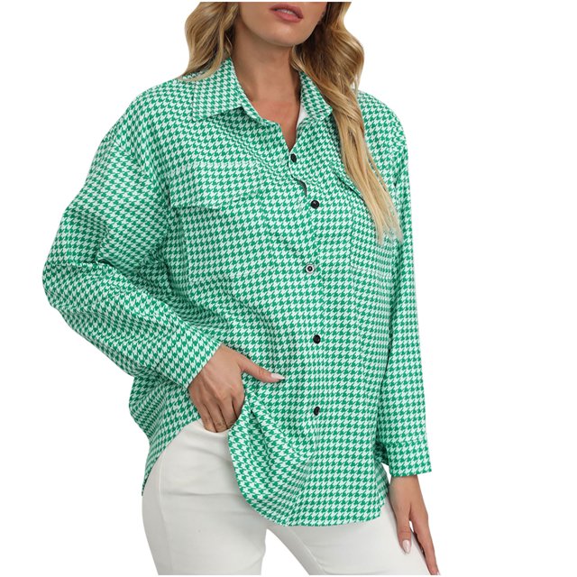 Chaqueta de mujer con estampado de cuadros, solapa delgada, bolsillo con botones, blusa, blusa, abrigo Pompotops qwe21974