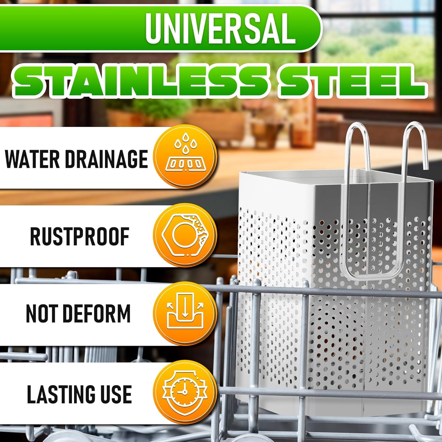 Dishwasher Chopstick Basket – 2.75" x 2.75" x 3.93" Stainless Steel Utensil Holder | Rust-Resistant Perforated Caddy with Hooks for Organizing Chopsticks, Straws, Teaspoons, and Small Kitchen Tools