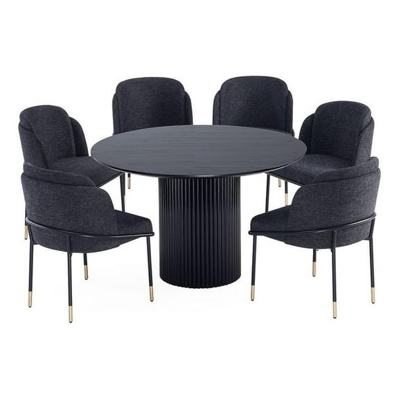 7-Piece Hathaway Round Solid Wood Dining Table with 6 Dining Chairs in Black