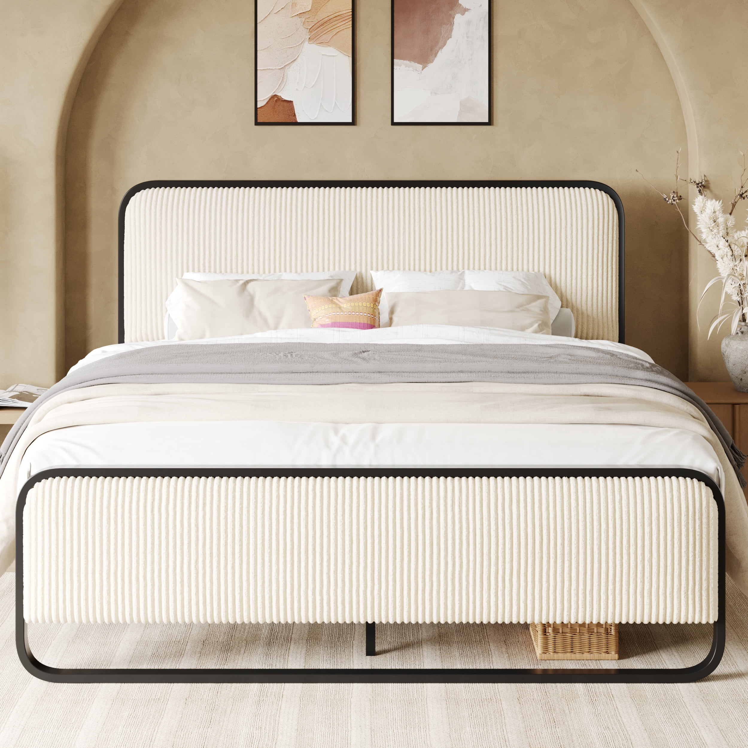 Allewie Full Bed Frame, Upholstered Platform Bed with Velvet Curved Headboard and Footboard, No Box Spring Needed, Cream White