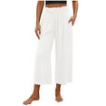 thumbnail image 2 of Eiyaclvo Wide Leg Capris for Women Solid Color Cotton Linen Cropped Sweatpants Straight Leg Pants with Pockets Elastic Waisted Pants, 2 of 5