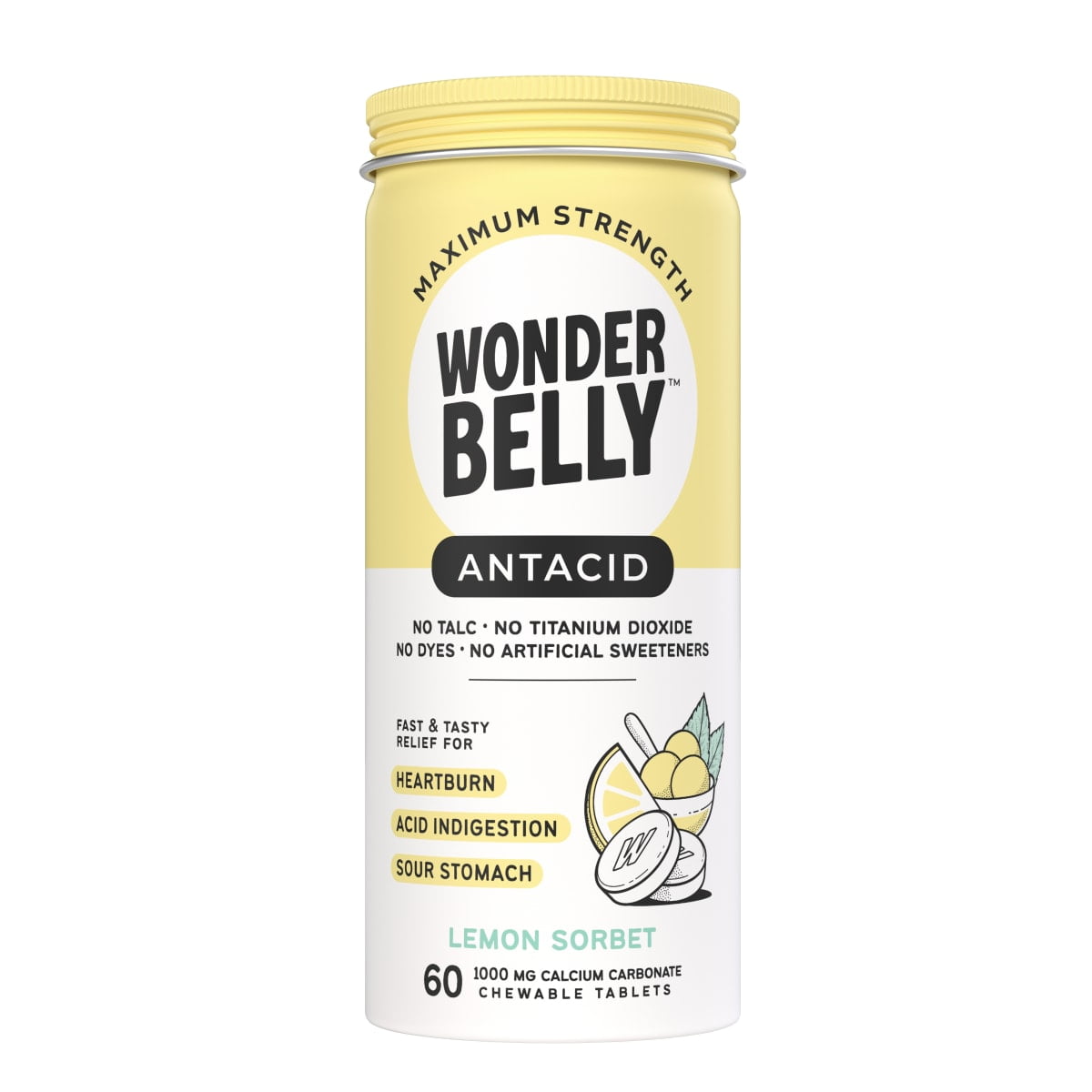Wonderbelly Antacid Tablets for Heartburn Relief, Lemon Sorbet Flavor, 60 Chewable Tablets
