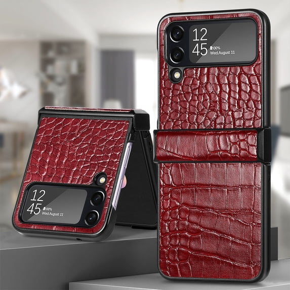 SaniMore for Samsung Galaxy Z Flip 4 6.7" 2022 Case, Crocodile Texture PU Leather Hinge Protection Wear-resistant Vintage Folding Shell Shockproof Drop-resistant, Red