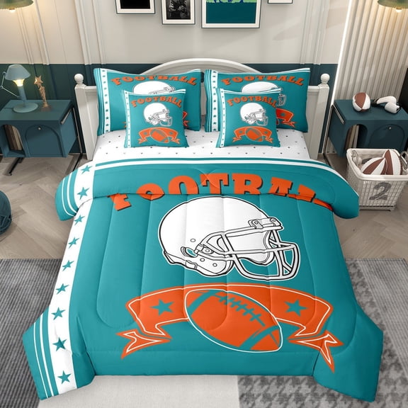 Castle Fairy Sport Rugby Football Twin Bedding Sets 7-Piece for Female Men Adults,Ball Gamer Bedding Comforter Set Microfiber,Teal Orange Breathable Sheet Sets,Ultra Soft Home Decor,Reversible