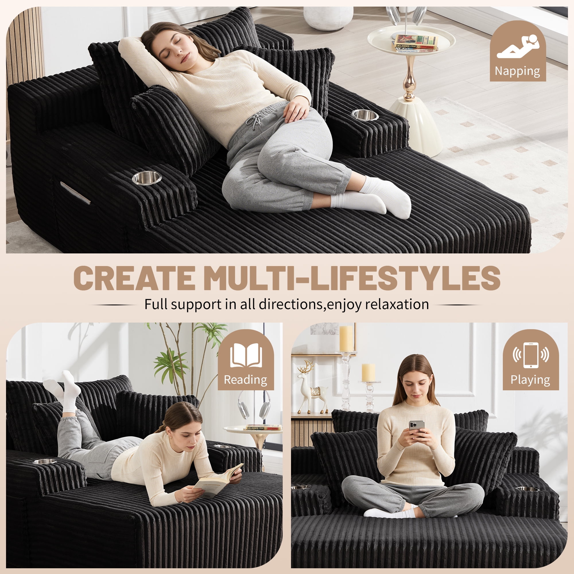 66" Chaise Lounge Chair Indoor, Oversized Corduroy Upholstered Boneless Sofa with USB & Type C, Deep Seat Sleeper Couch Reading Chairs with Pillows, Pre-assembled Corduroy Sofas Couches Living Room