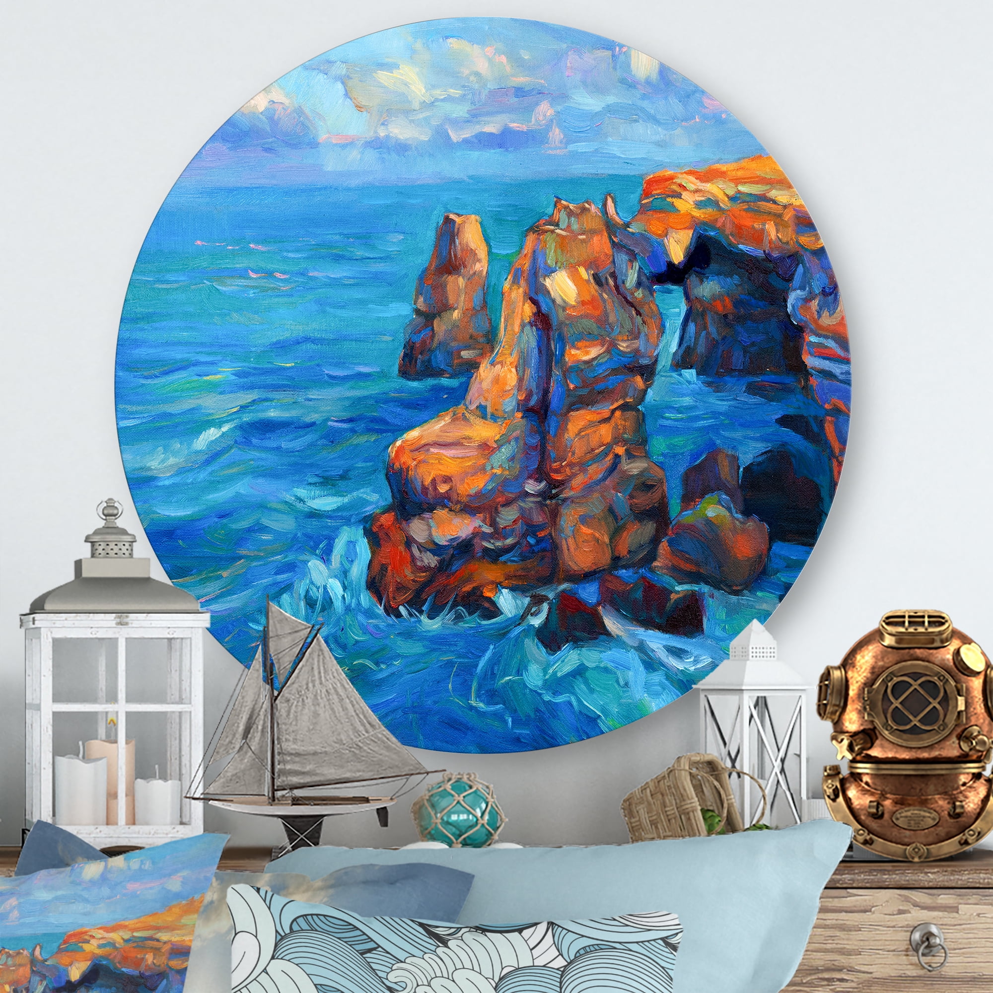 Designart 'The Blue Ocean By Rocky Cliffs' Nautical & Coastal Circle Metal Wall Art 23x23 - Disc of 23