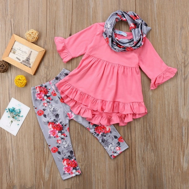 Lovely Toddler Kids Baby Girls Long Sleeve T-shirt Tops Mini Dress+Leggings+Scarf  3Pcs Outfits Cotton Clothes Fit For 1-7T 