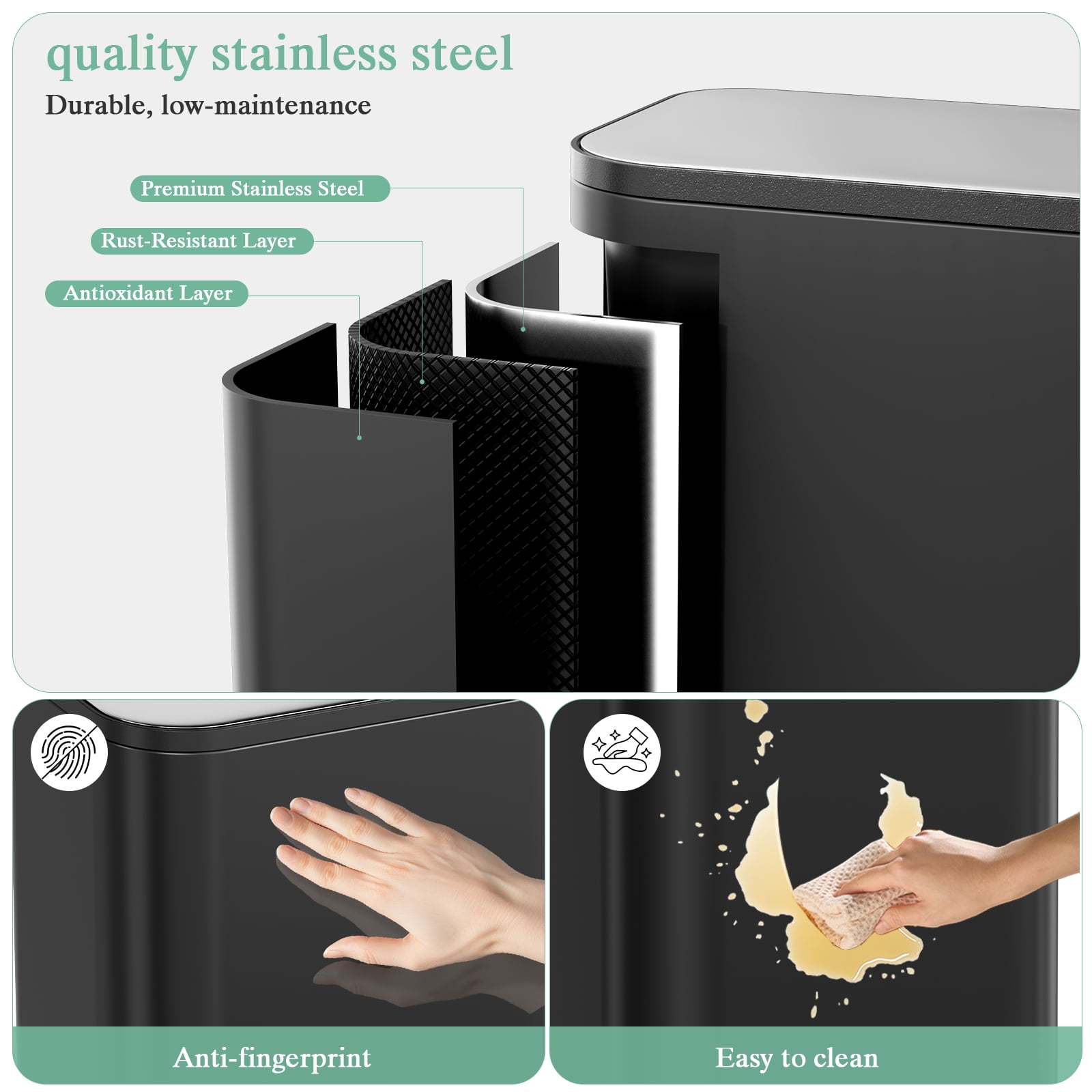 Arlopu 13.2 Gallon Trash Can, Stainless Steel Garbage Bin with Soft-Close Lid for Dining Room, Bathroom, Home Office