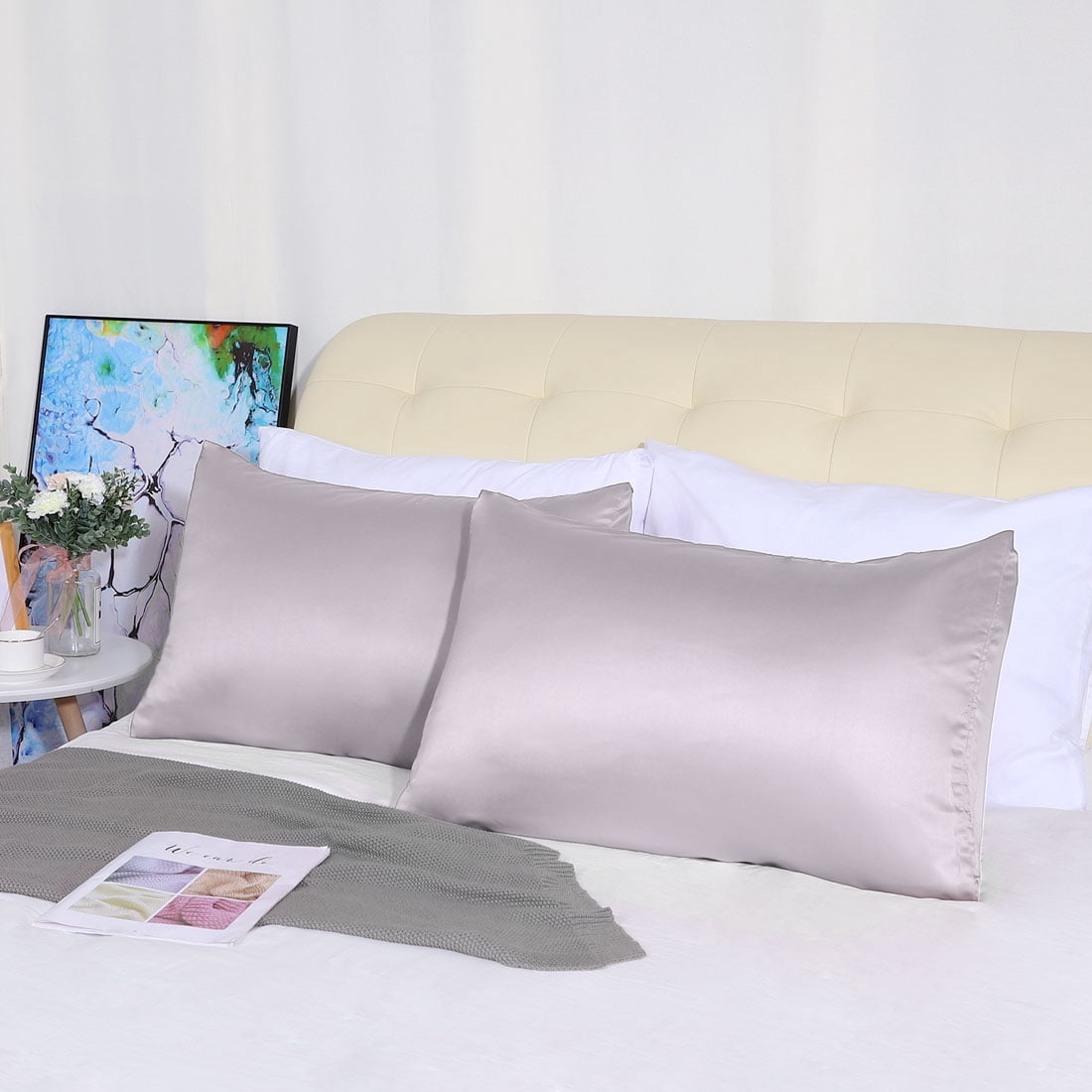Unique Bargains Silky Satin Pillow Cases Covers Set of 2 Lavender Gray King