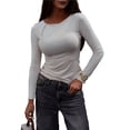 thumbnail image 1 of Camisetas de Larga con Cuello Redondo para Mujer, Estilo Casual y Ajustado, de Color Liso. Ropa Básica de Otoño. Crema L, 1 of 7