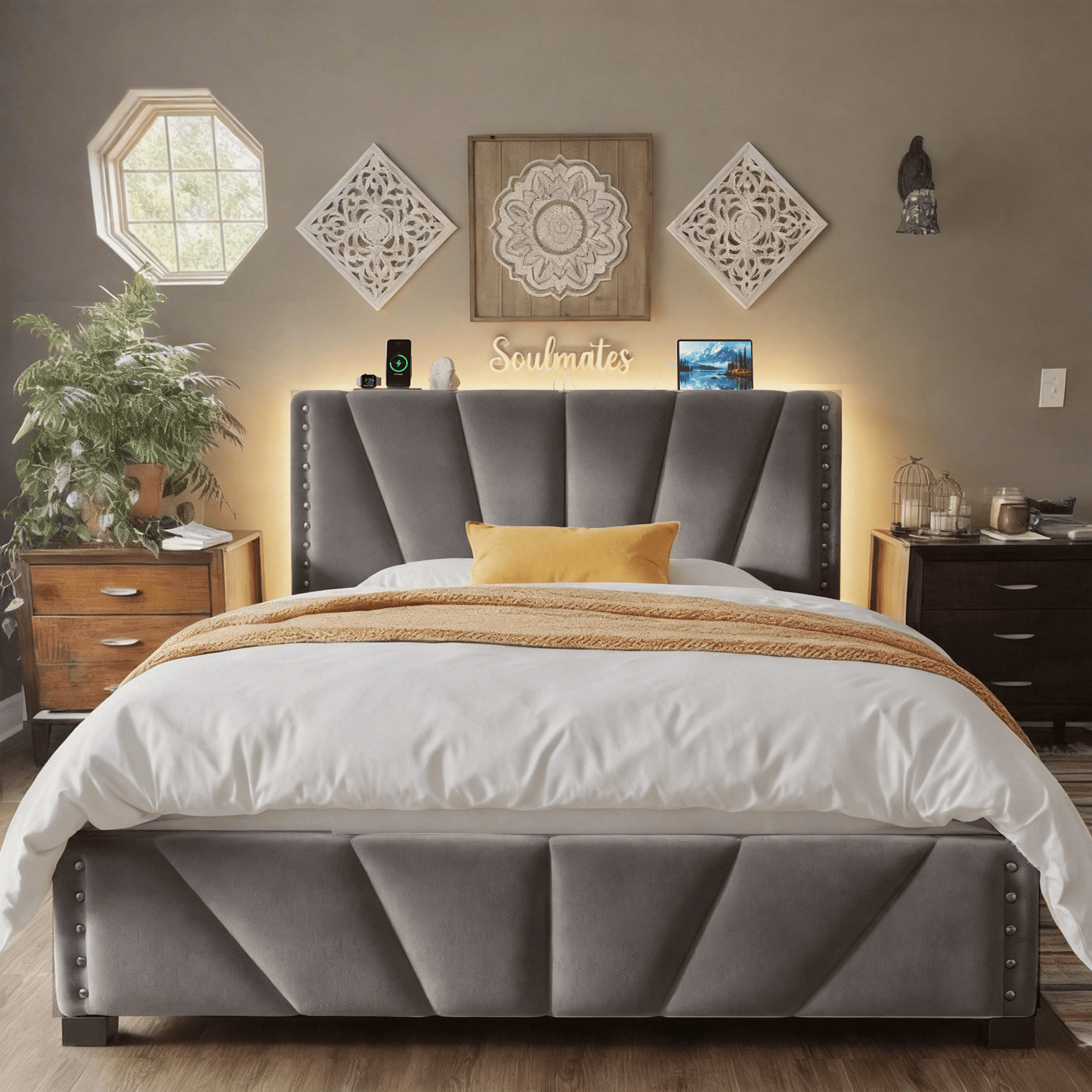 EnHomee Queen Bed Frame with Adjustable Headboard Upholstered Platform Bed Frame with LED Lights & Charge Station ,Gray
