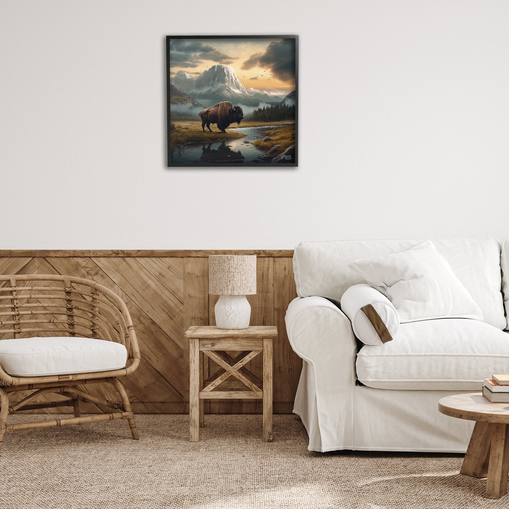 Stupell Industries Bison & Vast Mountains Landscape & Nature Painting Black Framed Art Print Wall Art, 24 x 24
