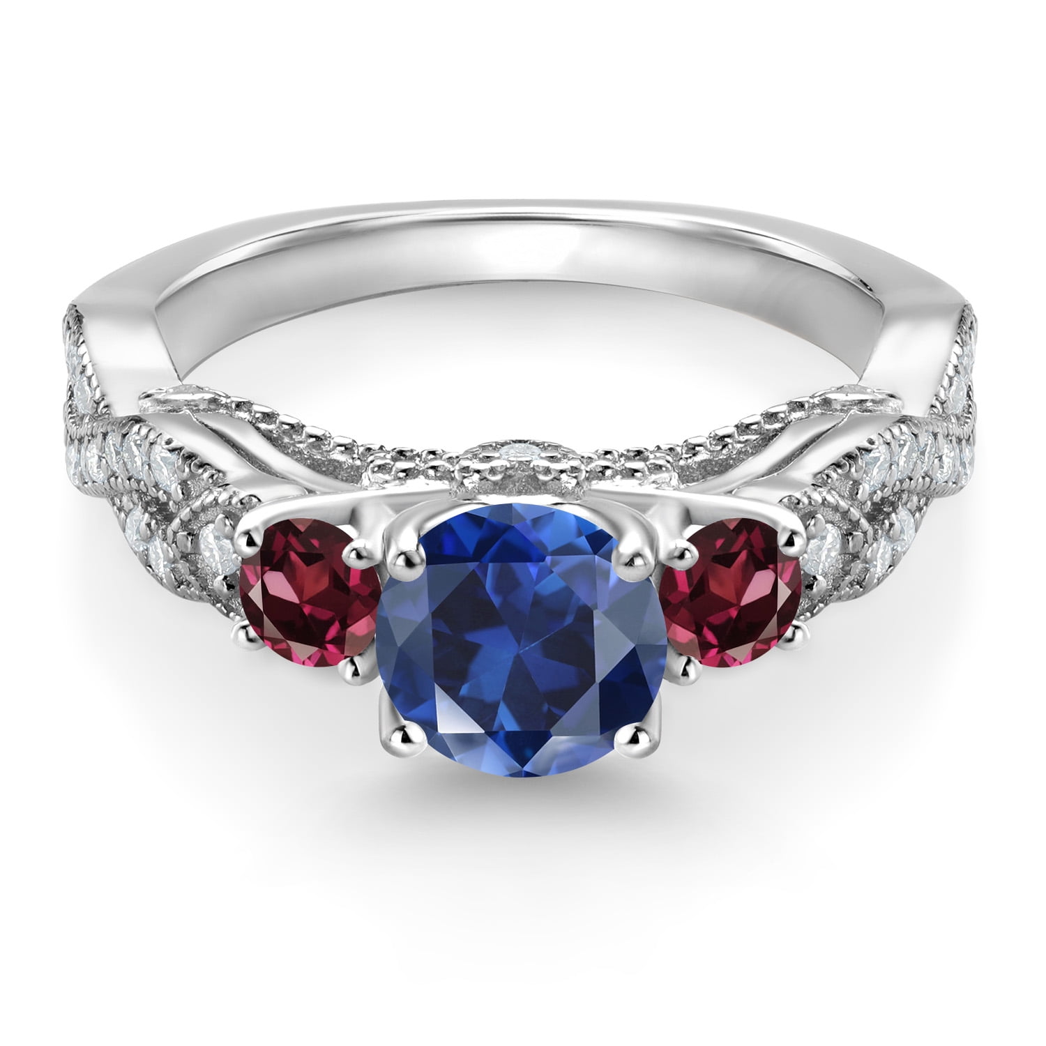 Gem Stone King 925 Sterling Silver Blue Created Sapphire Red Rhodolite Garnet and White Moissanite Engagement Ring for Women (1.51 Cttw, Gemstone September Birthstone, Round 6MM and 3MM, Size 6)