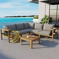 thumbnail image 3 of EUROCO 4 Pieces Outdoor Acacia Wood Sofa Set, Woven Mesh Armrests, L-Shaped Patio Furniture Sofa Set with Coffee Table, Outdoor Conversation Set with Gray Cushions and Side Table, 3 of 9
