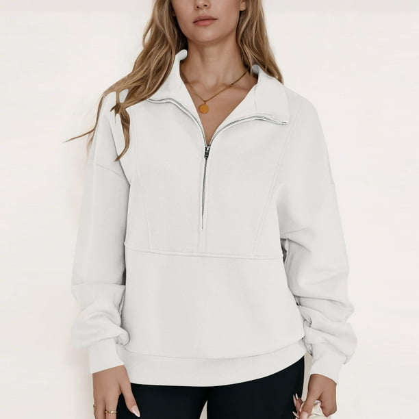 HongQid Women's Half Zip Sweatshirts Fleece Stand Collar Long Sleeve Oversized Pullovers with Pockets
