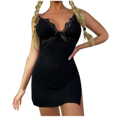 

TFDZ Womens Pajamas Womens Pajamas Bow Lace Stitching Sexy Underwear Lace Nightdress Pajama Women Two Piece Set Black