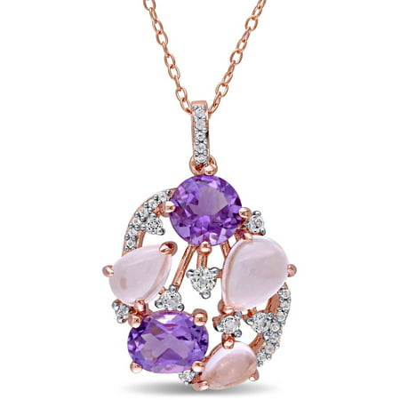 Tangelo 5-1/7 Carat T.G.W. Amethyst, Rose Quartz and White Topaz Rose Rhodium-Plated Sterling Silver Openwork Pendant, 18