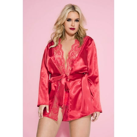 

Music Legs 60078Q-RED Plus Size Long Sleeve Satin Robe with Lace Scalloped Trim & Satin Belt Red