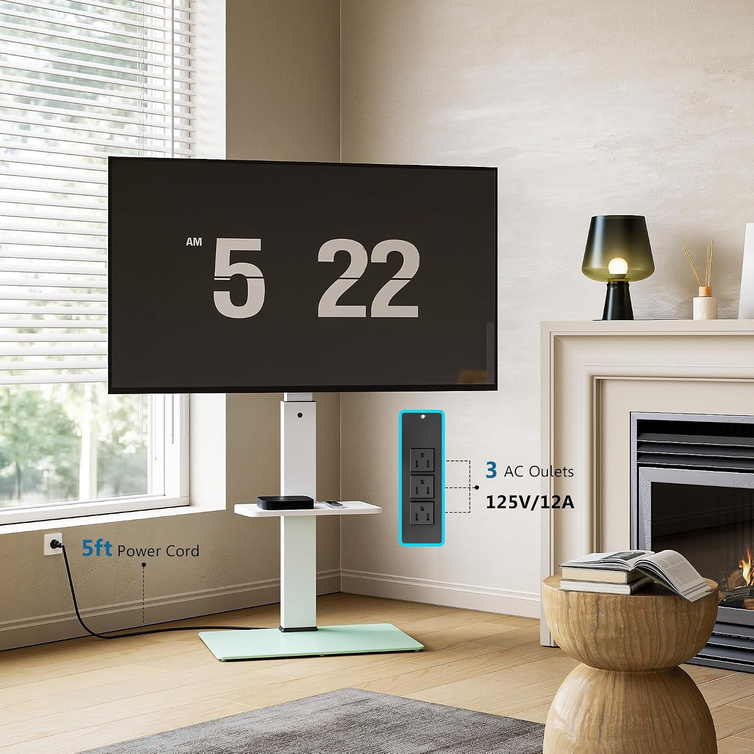 FITUEYES Floor TV Stand for 32–75 Inch TVs, White, Power Outlet, Swivel Mount