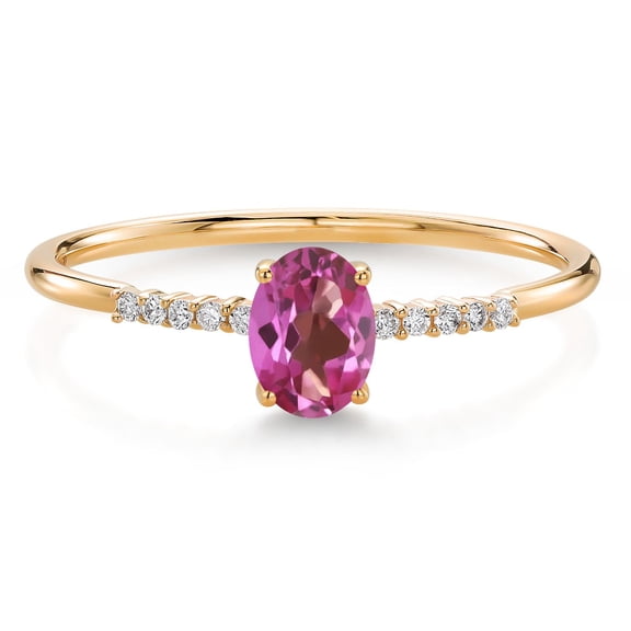 Gem Stone King 10K Yellow Gold Oval Pink Mystic Topaz and White Lab Grown Diamond Engagement Ring for Women (0.55 Cttw, Oval 6X4MM, Gemstone, Available in Size 5, 6, 7, 8, 9)