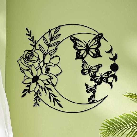 ESTART Black Metal Moon Wall Art, Floral Butterfly Decor, Bohemian Hanging Sculpture for Home Garden