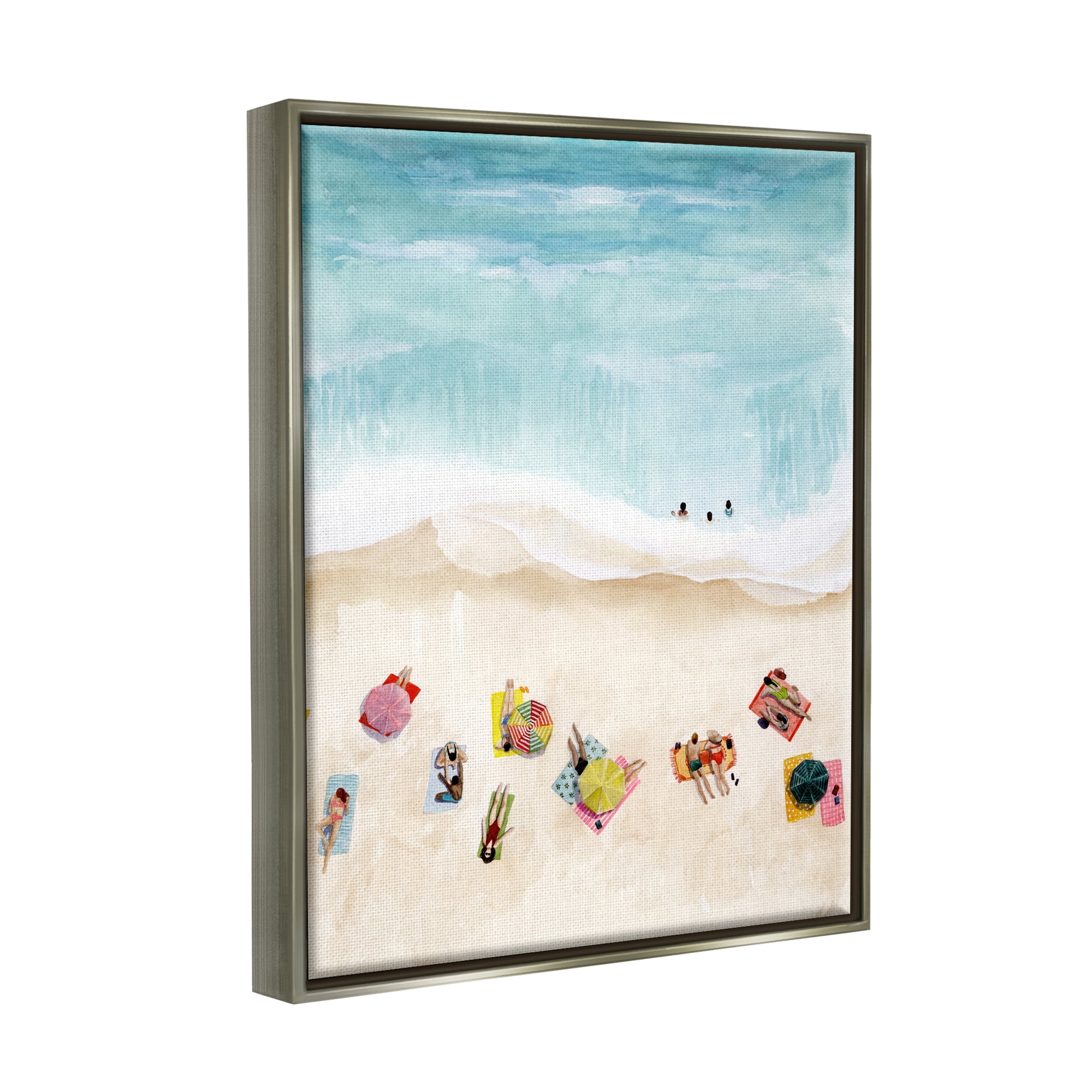 Stupell Industries Summer Beach Day People Swimming Coastal Painting Gray Floater Framed Art Print Wall Art
