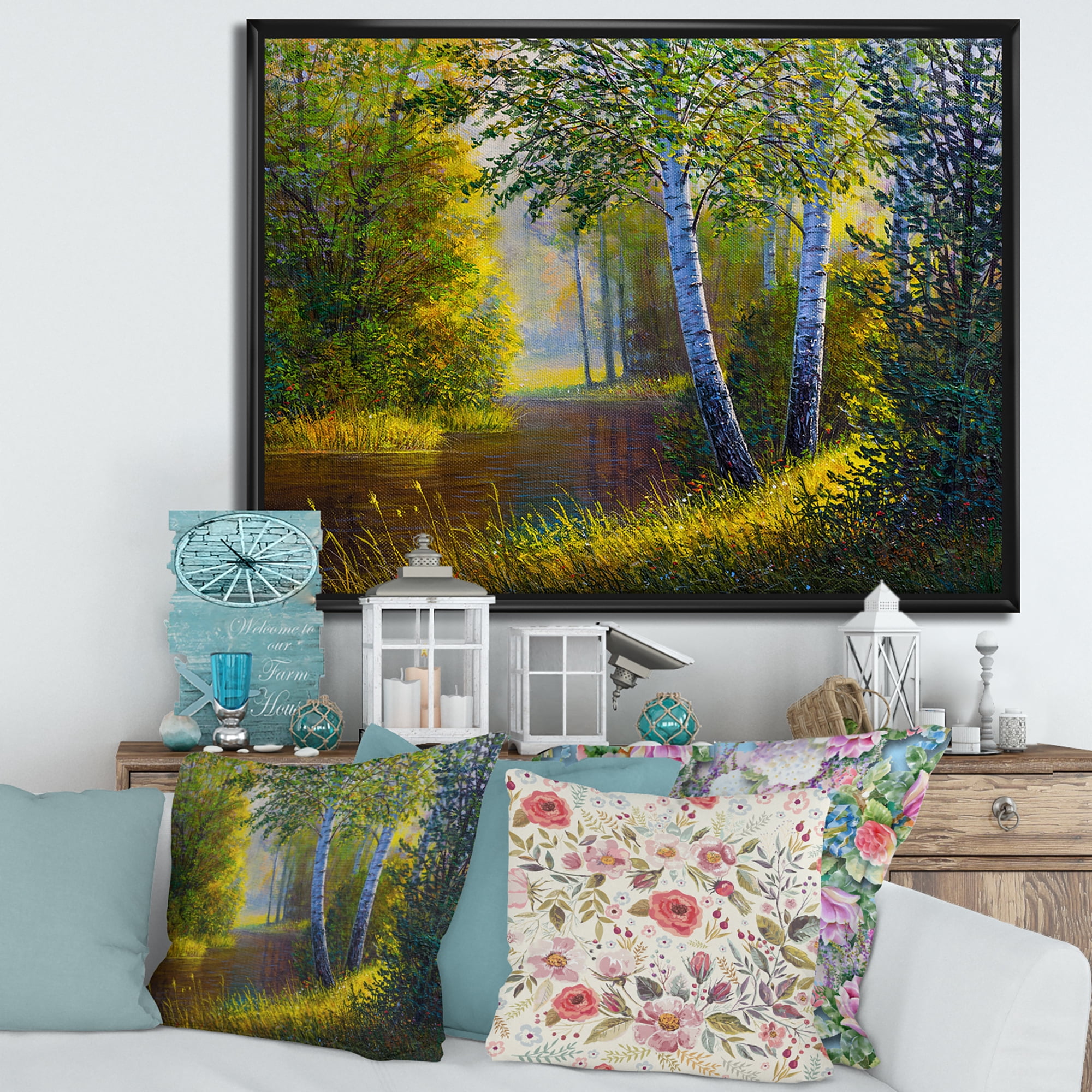 Designart 'Sunrise Glow Through The Birches II' Lake House Framed Canvas Wall Art Print