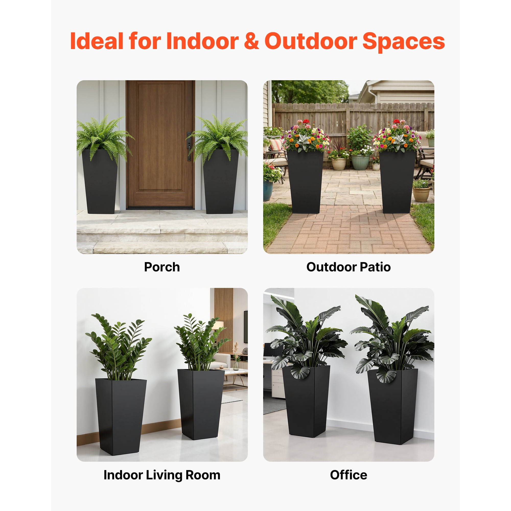 KFFKFF Set of 2 Tall Planters, 30in Large Tapered Pots for Indoor and Outdoor Plants, Modern Plastic Flower Containers with Wheels, Inner Pot, and Drainage Holes for Patio, Garden, Black