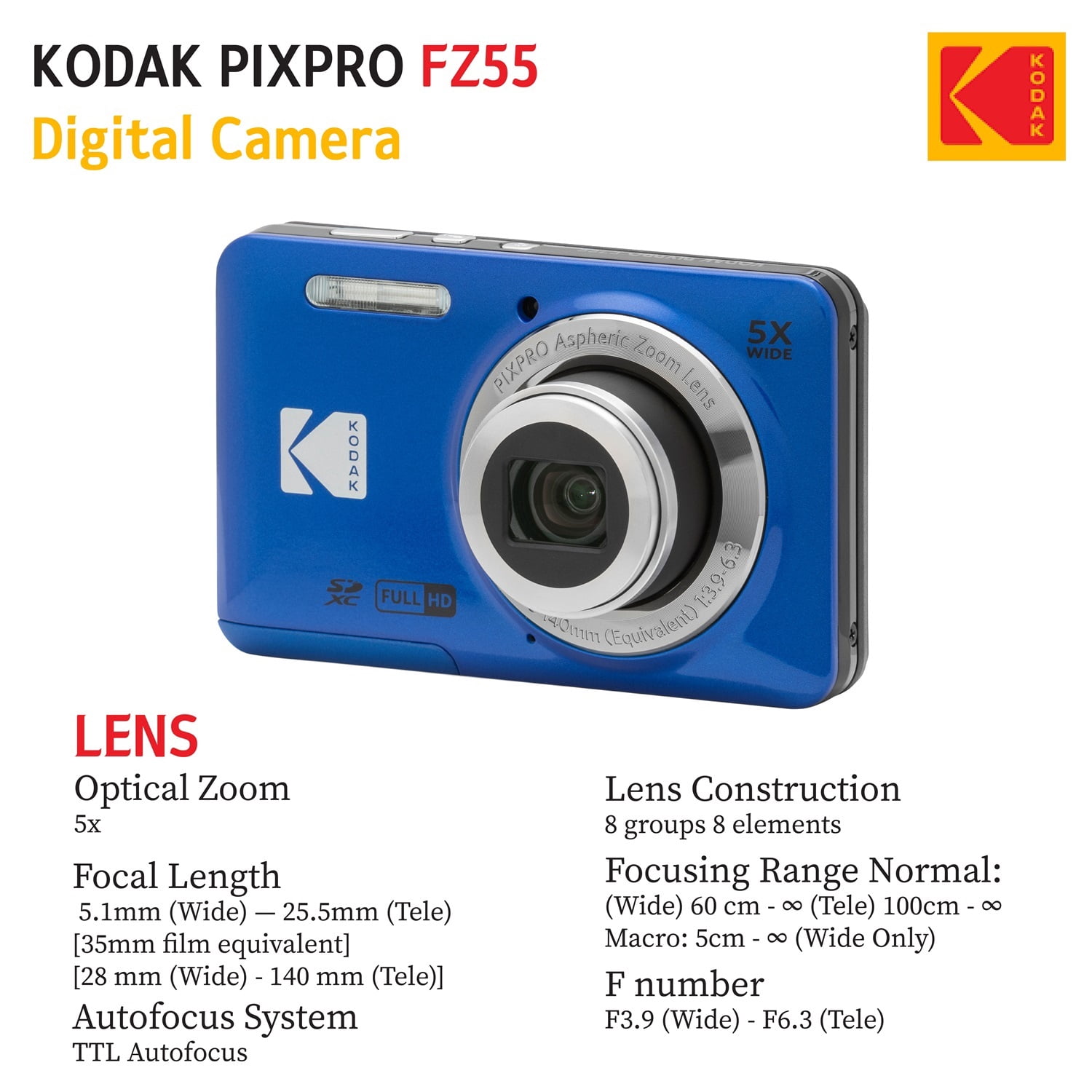 KODAK PIXPRO FZ55 16MP Digital Point & Shoot Camera, 5X Optical Zoom, 28mm Wide Angle, 1080P Full HD Video, Bundle with 32GB SD Card, Protective Case, and Hi-Speed Card Reader (Blue)