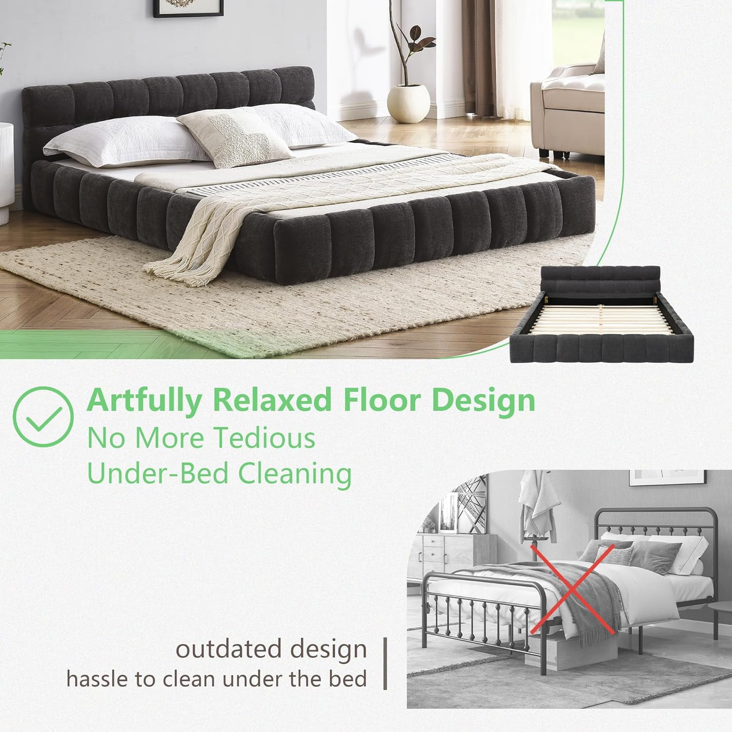 GAKMCIL Modern Queen Size Bed Frame, Chenille Fabric Grounded Queen Size Low Platform Bed with Headboard and Thick Fabric, Easy Assembly, No Box Spring Needed (Gray  68''*86.5''*23.5'')