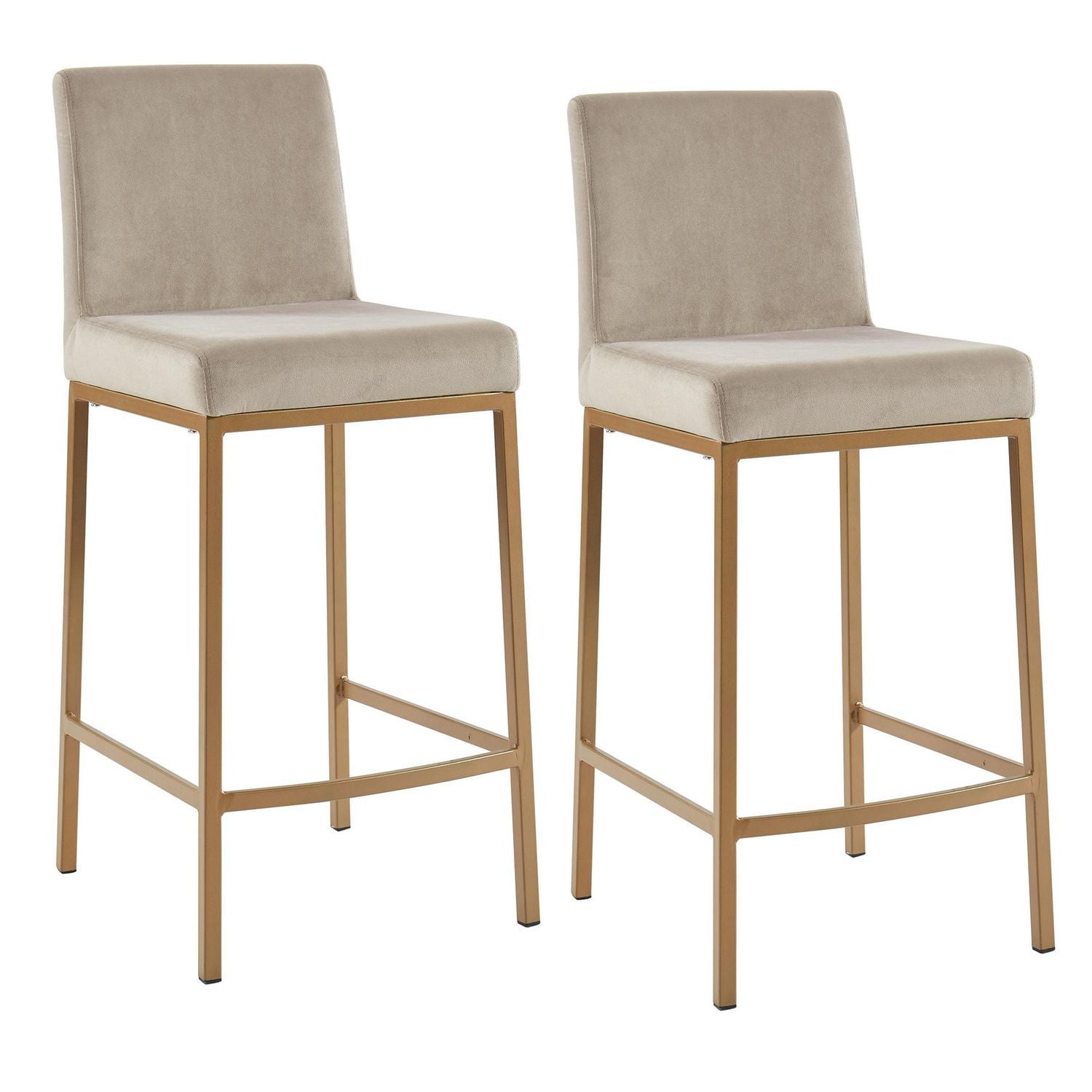 Contemporary Velvet & Metal 26" Counter Stool, Set of 2 - Beige & Aged Gold