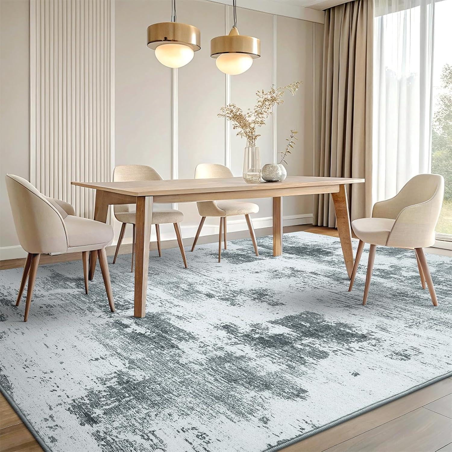 Buganda Area Rug for Living Room 5'X7', Washable Artificial Wool Area Rug, Low Pile Non-Slip Carpet for Bedroom Office Dining Room, Grey