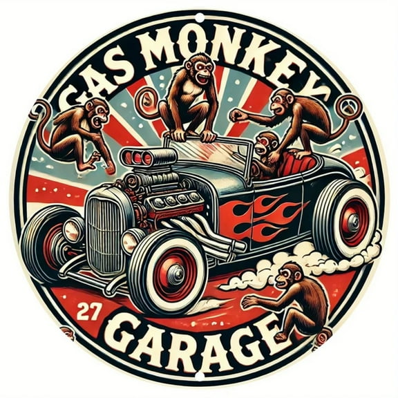 HELLOYOUNG Vintage Monkey & Classic Car Metal Wall Art - Retro Garage Decor with Vibrant Colors, Durable Iron Sign for Man Cave