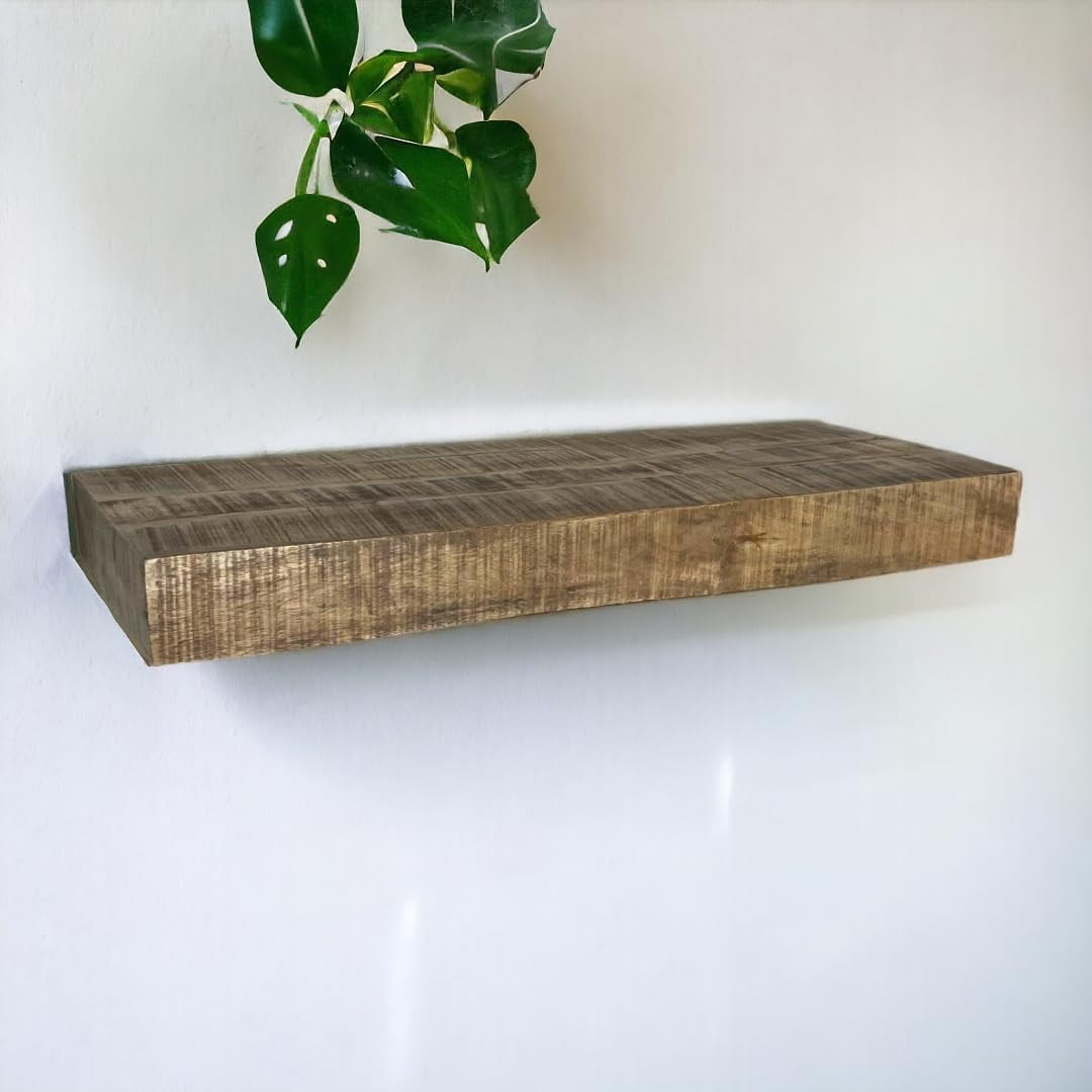 Posh Pollen - Hollow Floating Shelf, Hidden Bracket, Mango Wood, Heavy Duty, Wall Mounted Shelf, 48Wx12D, Light Wash