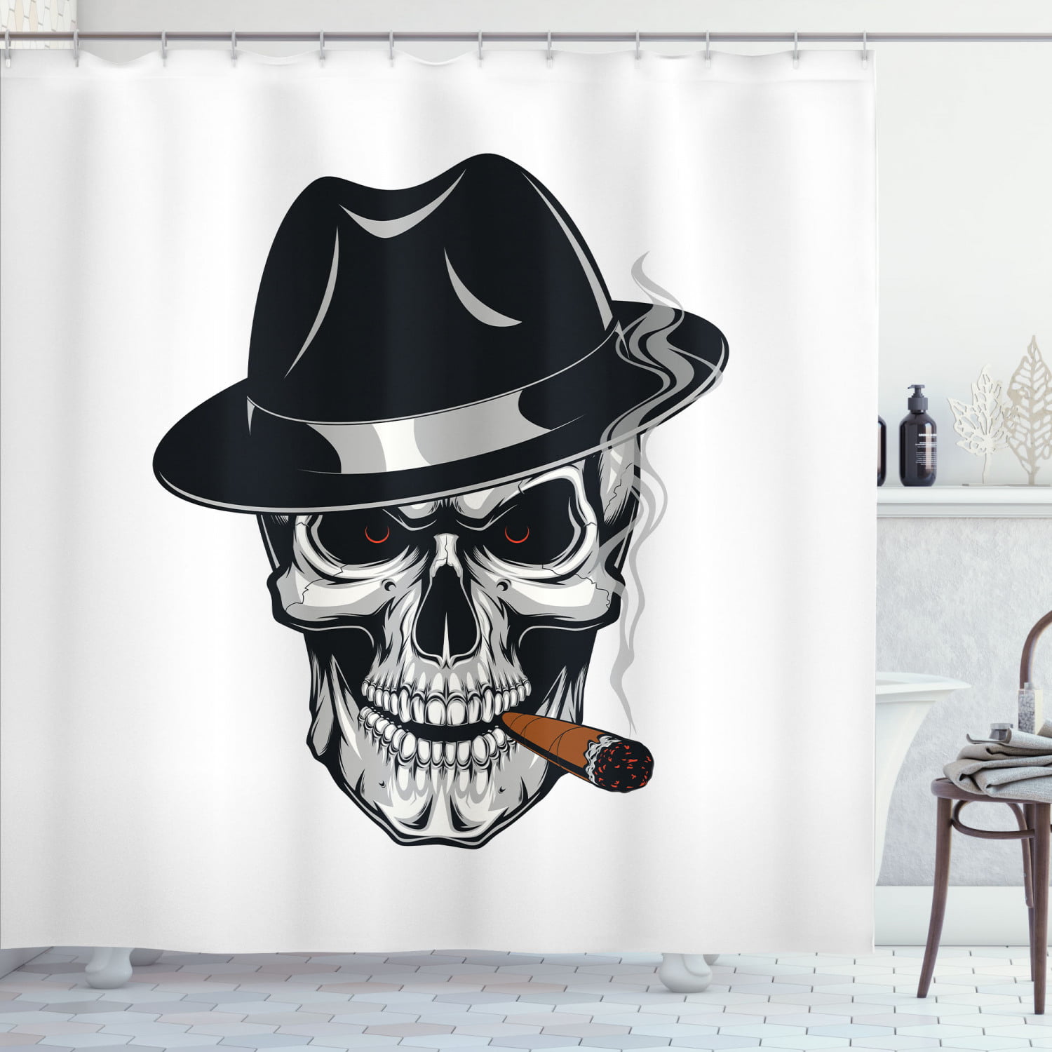 Waterproof Polyester Golden Pirate Skull Shower Curtain Hooks Bathroom Mat LB 