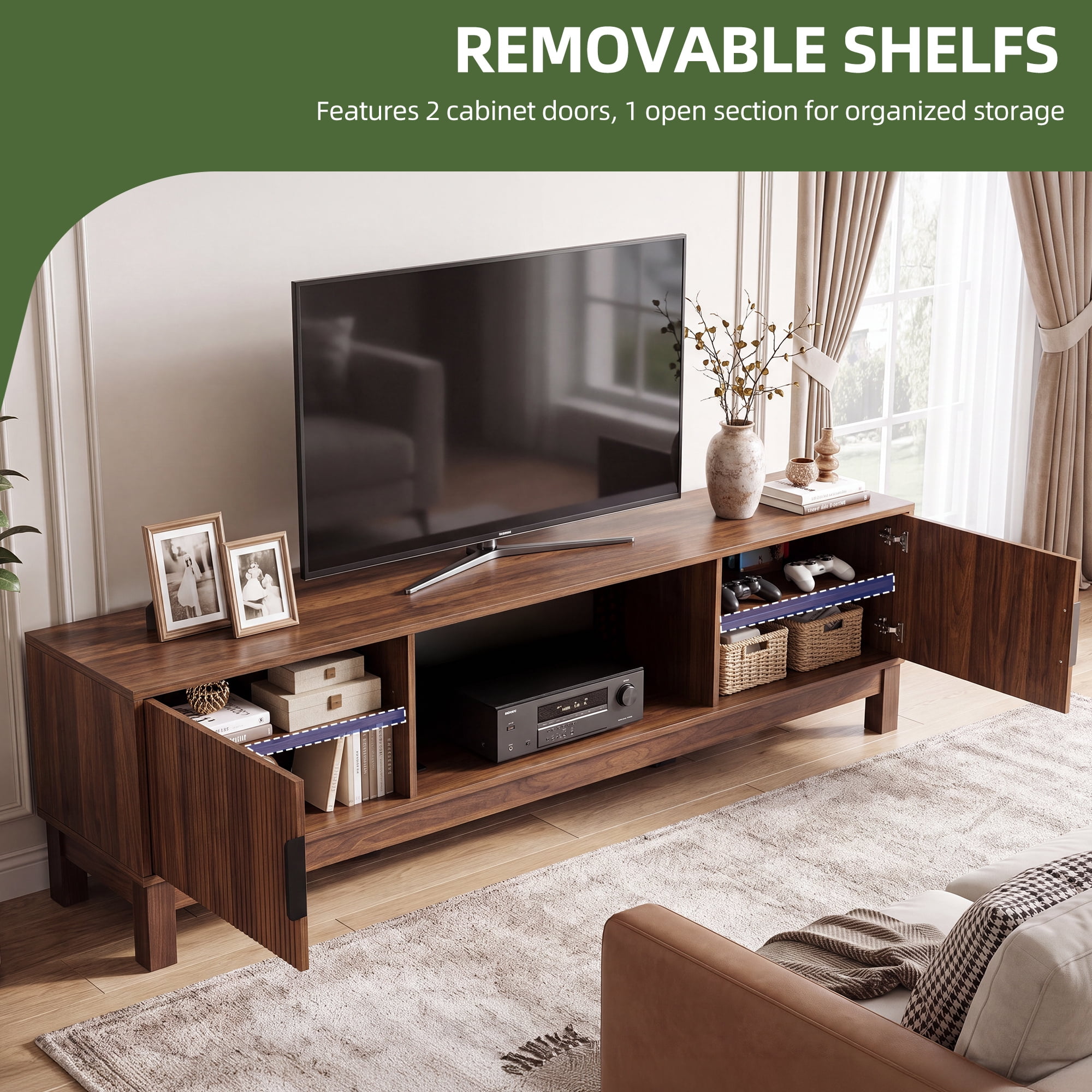Uforic 70 Inch Mid-Century Modern Fluted TV Stand with Built-in Charging Station, Adjustable Shelves & Cable Management for 75/80 Inch TVs, Walnut Oak