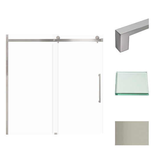 Transolid MBDT606008C-S-BS Madeline 60"x60" Frameless Sliding Barn Shower Door with Fixed Panel Featuring EXCLUSIVE TruMotion Technology in Brushed Stainless with Clear Glass and Sabrina Handles