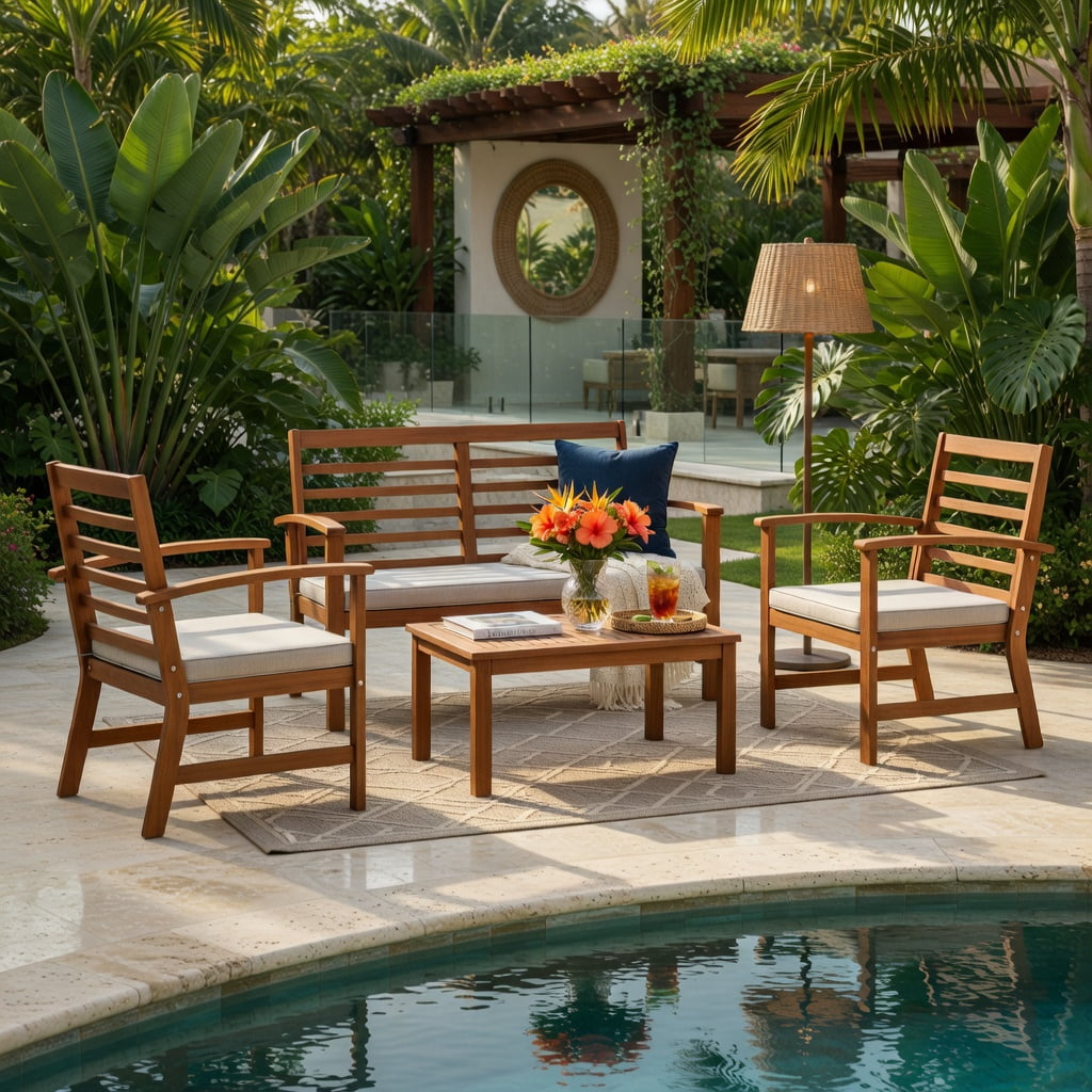 Hommoo 4-Piece Outdoor Patio Furniture Set, Acacia Wood Loveseat, 2 Chairs & Coffee Table, Durable, Weather-Resistant Backyard Seating, White