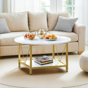 ModFusion White & Gold Marble Pattern Round Coffee Table, Metal Legs, Storage Shelf for Living Room