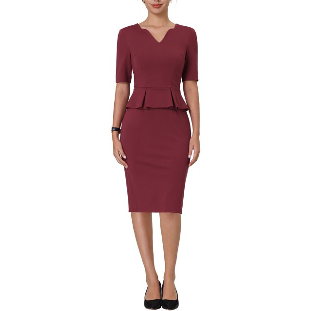 Unique Bargains Robe Fourreau Femme Col en V Travail Peplum Robe Crayon Rouge TTG