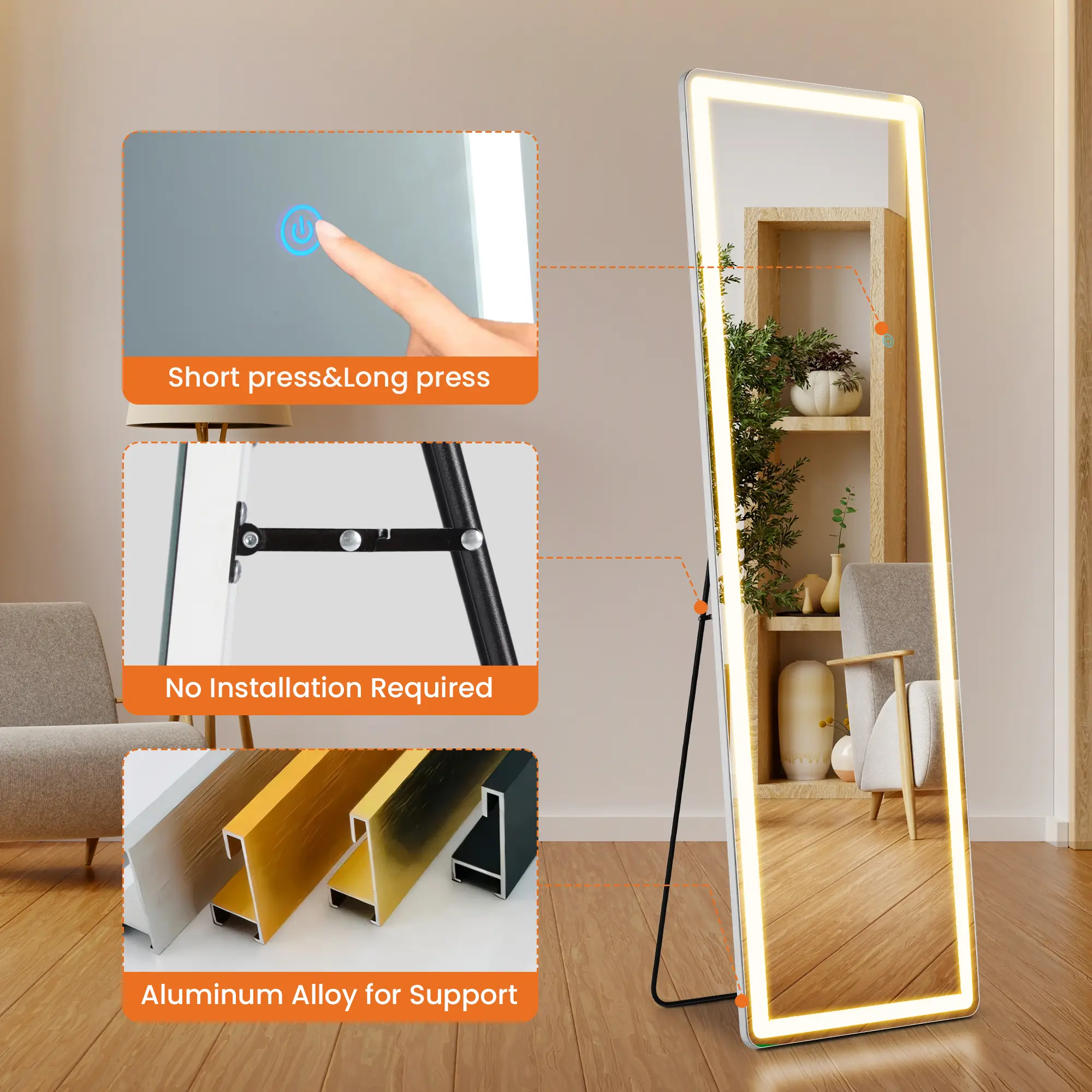 Aukfa 60" x 16" LED Full Length Mirror, Wall Mounted Floor Standing with Touch Control & 3-Color Dimmable Lights