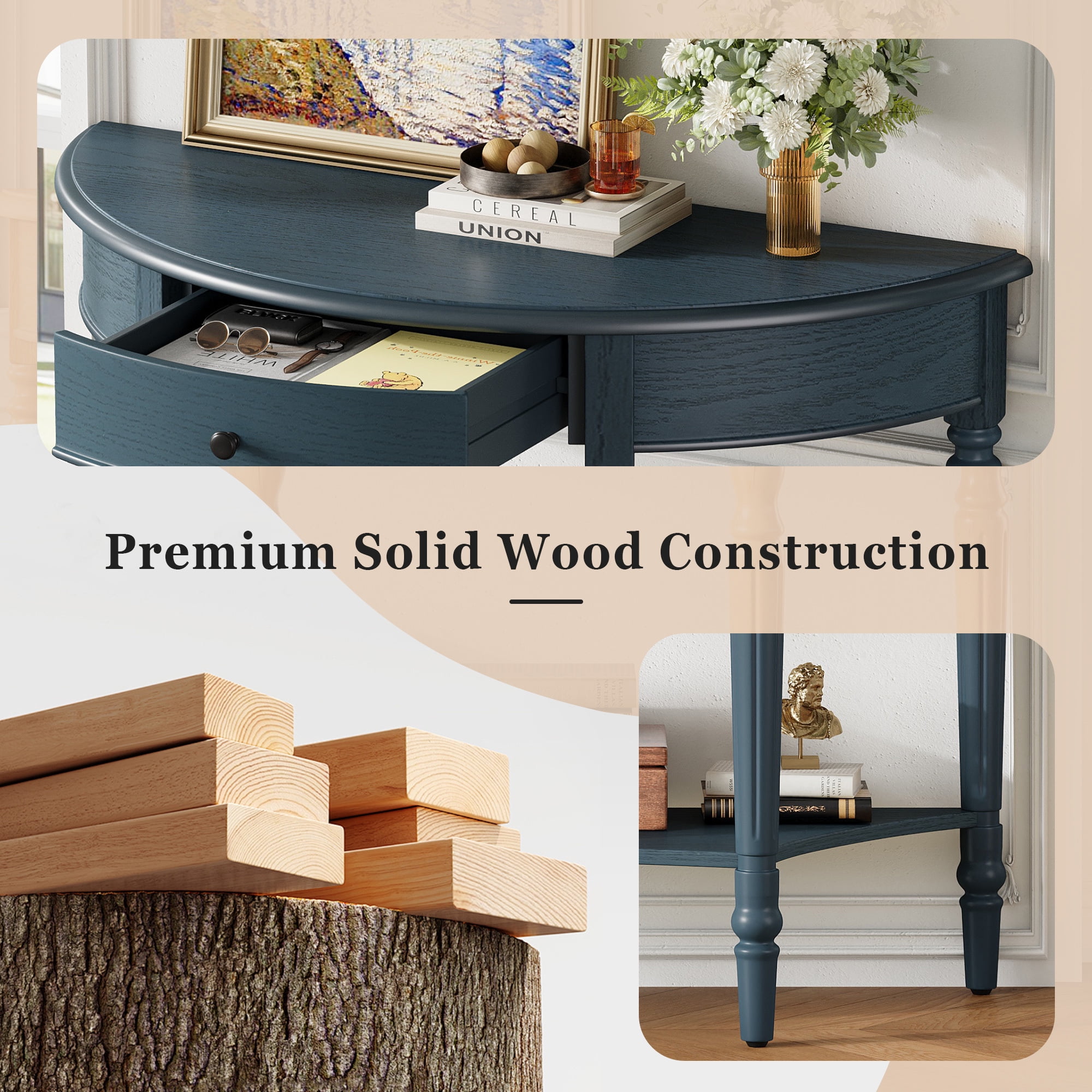 Euroco Farmhouse Half Moon Console Table, Narrow Sofa Table with Storage Shelf & 1 Drawer ,Wood Entryway Table Accent Table for Living Room, Hallway and Foyer,Navy