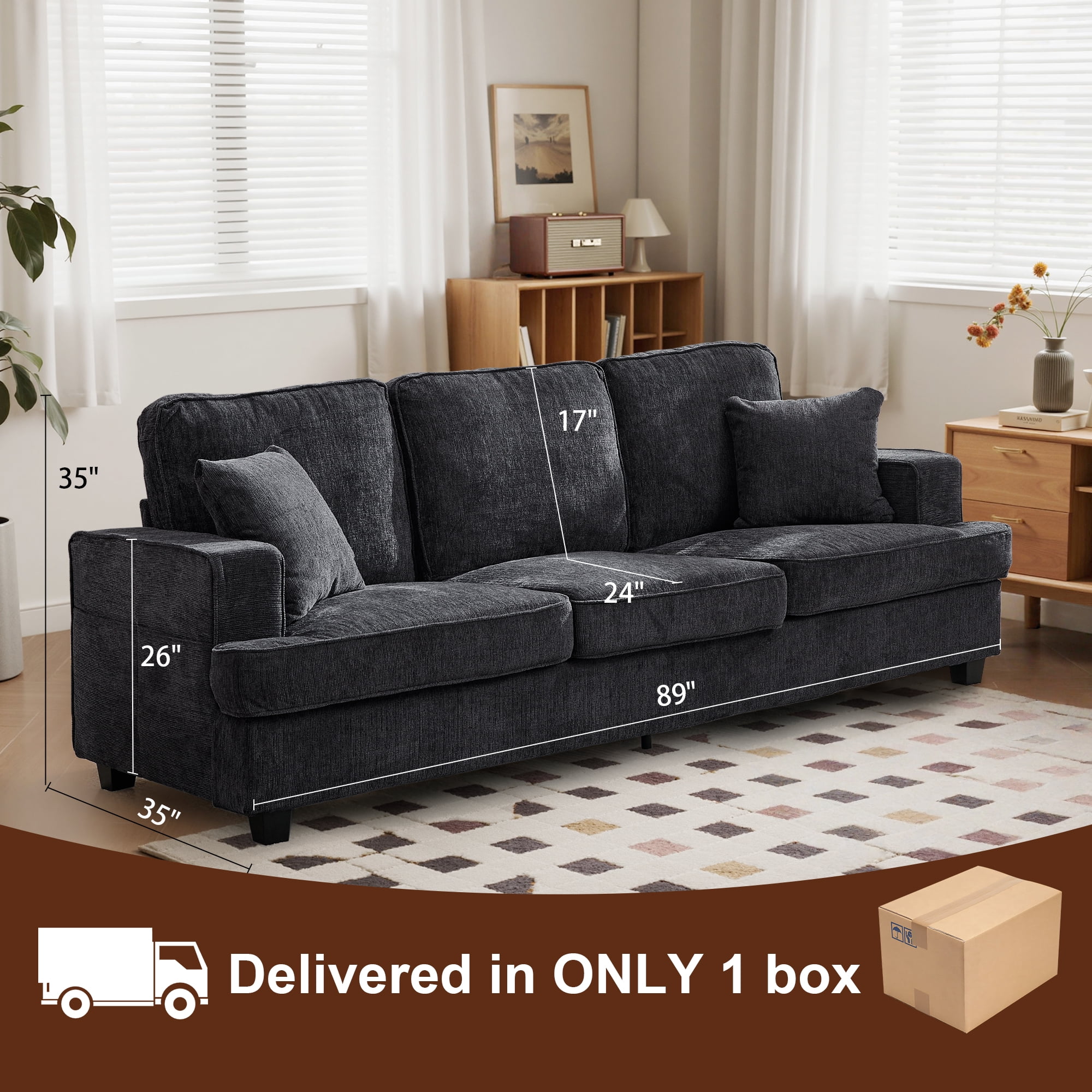 Korser 89" Chenille Sofa 3 Seater Couch with Extra Upholstered Deep Seats for Living Room,Removable Cover,Assembly Required,Grey
